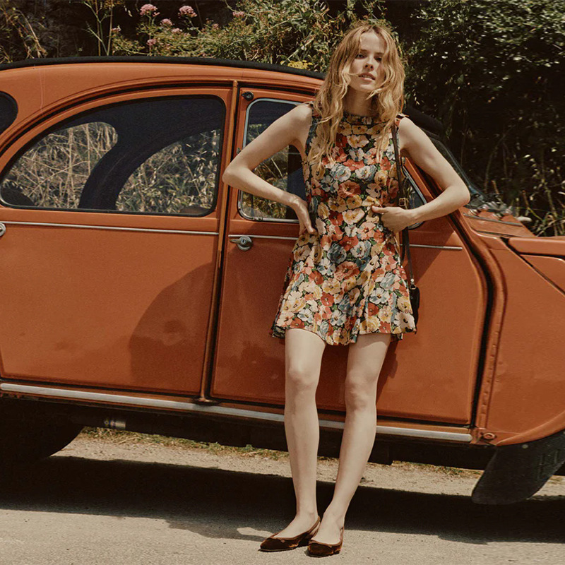 Sleeveless Short Dress Silk Floral Vacation Style French Style - Image 3