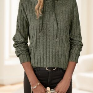 Solid Color Drawstring Ribbed Hoodie