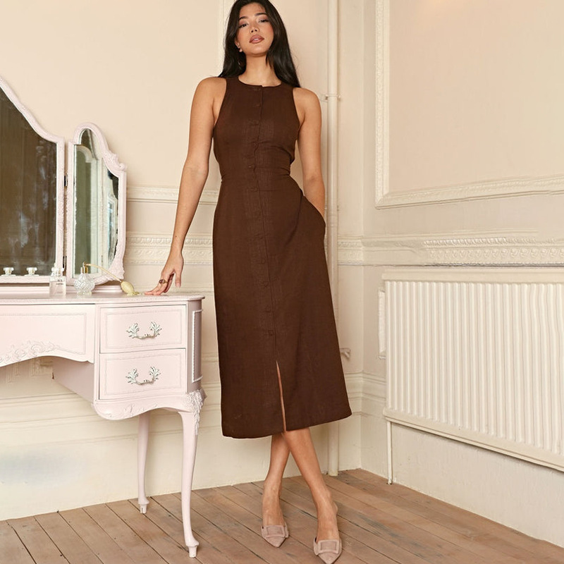 Sleeveless Round Neck Multi-button Strap Casual Dress - Image 2