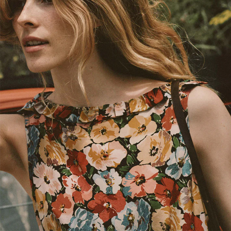 Sleeveless Short Dress Silk Floral Vacation Style French Style - Image 5