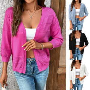 Women's Thin Cape 34 Sleeve Hollow-out Knitted V-neck Cardigan