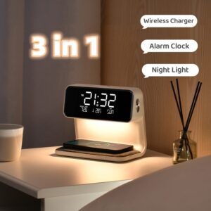 Creative 3 In 1 Bedside Lamp - Wireless Charging, LCD Screen, Alarm Clock, Wireless, Phone Charger
