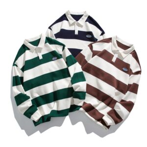 Striped Matching Hong Kong Style Pairs Of Pearl Cotton Sweater Lapel Polo Shirt