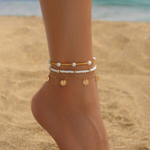 Bohemian Style Iron Wafer Pendant Bead Anklet Three-piece Set