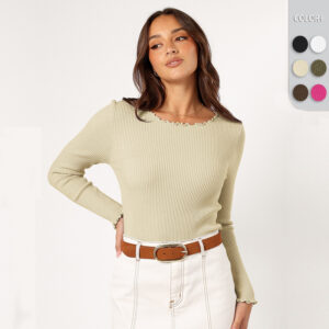 Round Neck Long Sleeve Slim Fit Shoulder Rib Women's Top