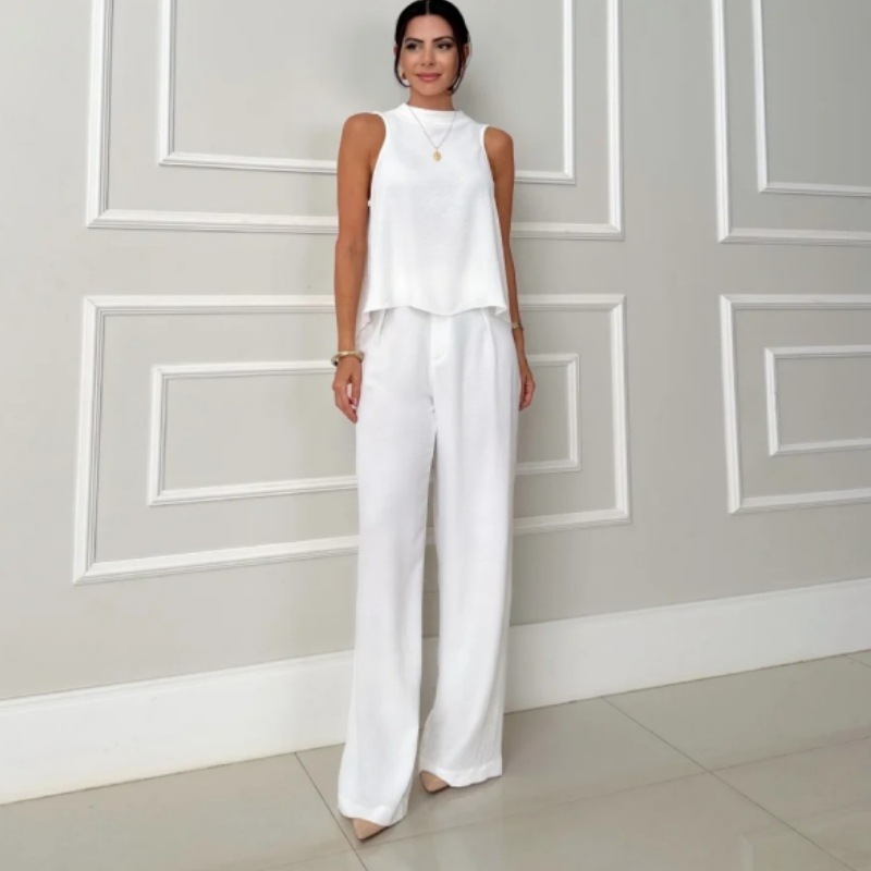 Fashion Loose Sleeveless Top Wide-leg Casual Pants Solid Color Two-piece Set - Image 3