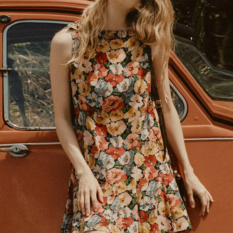 Sleeveless Short Dress Silk Floral Vacation Style French Style