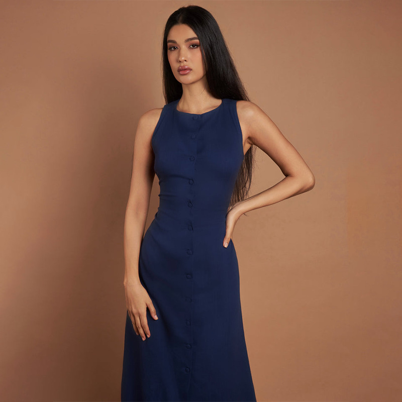 Sleeveless Round Neck Multi-button Strap Casual Dress - Image 3