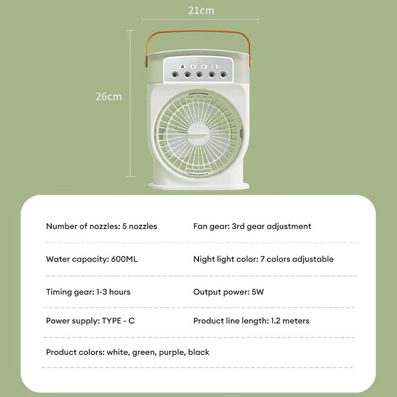 Portable USB Air Conditioner - Cooling Fan With 5 Sprays 7 Color Light 600ML Water Tank Spray Mist Air Cooler Humidifiers - Image 7