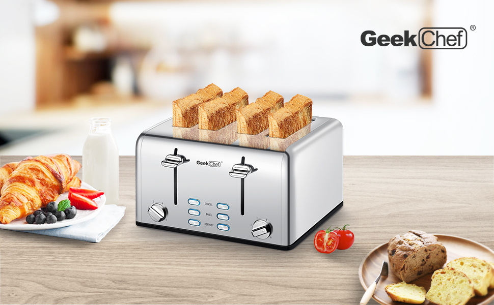 Toaster 4 Slice, Geek Chef Stainless Steel Extra-Wide Slot Toaster With Dual Control Panels Of Bagel, Defrost, Cancel Function - Image 10