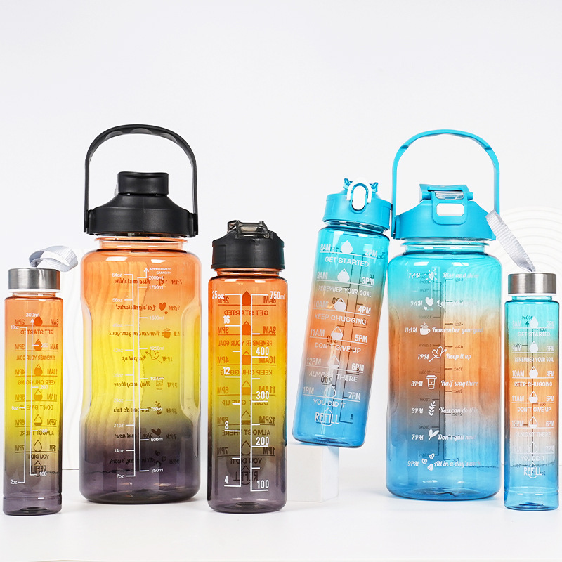 3-in-1 Gradient Color Motivational Water Bottles Set Plastic Straw Double Drink Translucent Outdoor Sports Bottle - Image 7