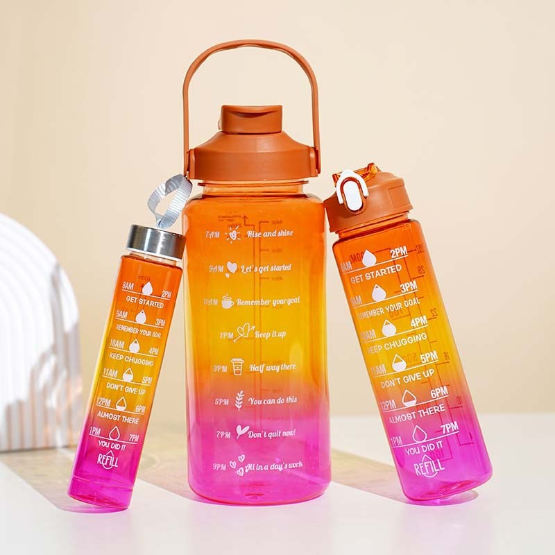 3-in-1 Gradient Color Motivational Water Bottles Set Plastic Straw Double Drink Translucent Outdoor Sports Bottle - Image 6