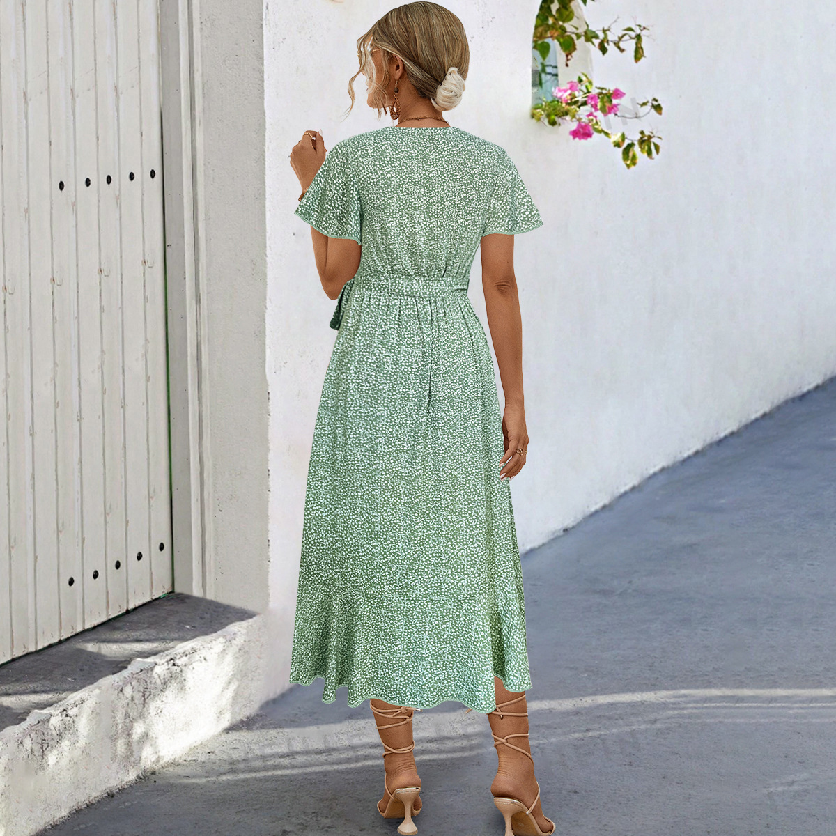 Women's Bohemian Cross V-neck Tie-shoulder Floral Long Dress - Image 5