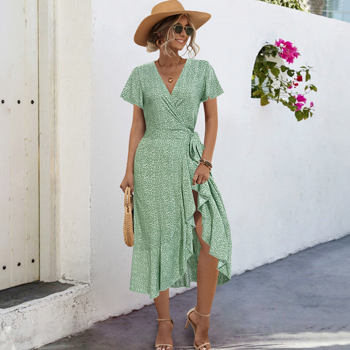 Women's Bohemian Cross V-neck Tie-shoulder Floral Long Dress - Image 7