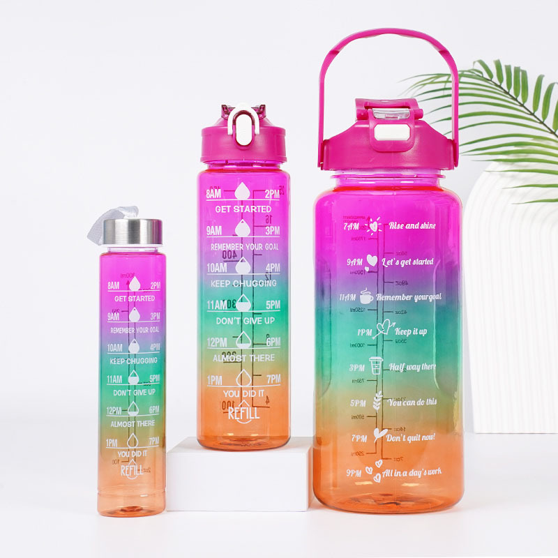 3-in-1 Gradient Color Motivational Water Bottles Set Plastic Straw Double Drink Translucent Outdoor Sports Bottle - Image 4