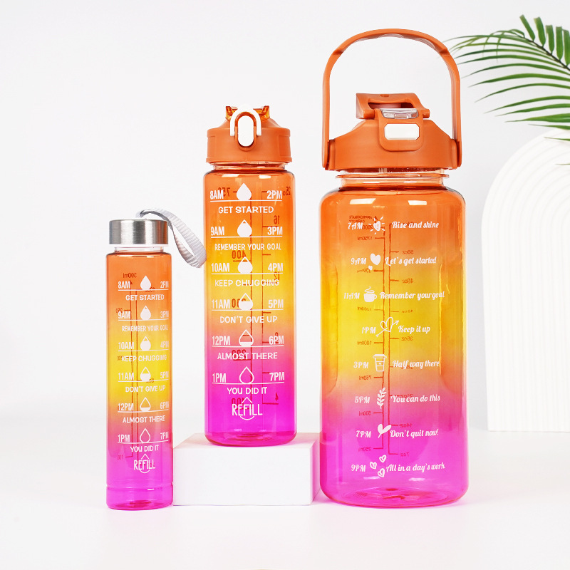 3-in-1 Gradient Color Motivational Water Bottles Set Plastic Straw Double Drink Translucent Outdoor Sports Bottle - Image 2