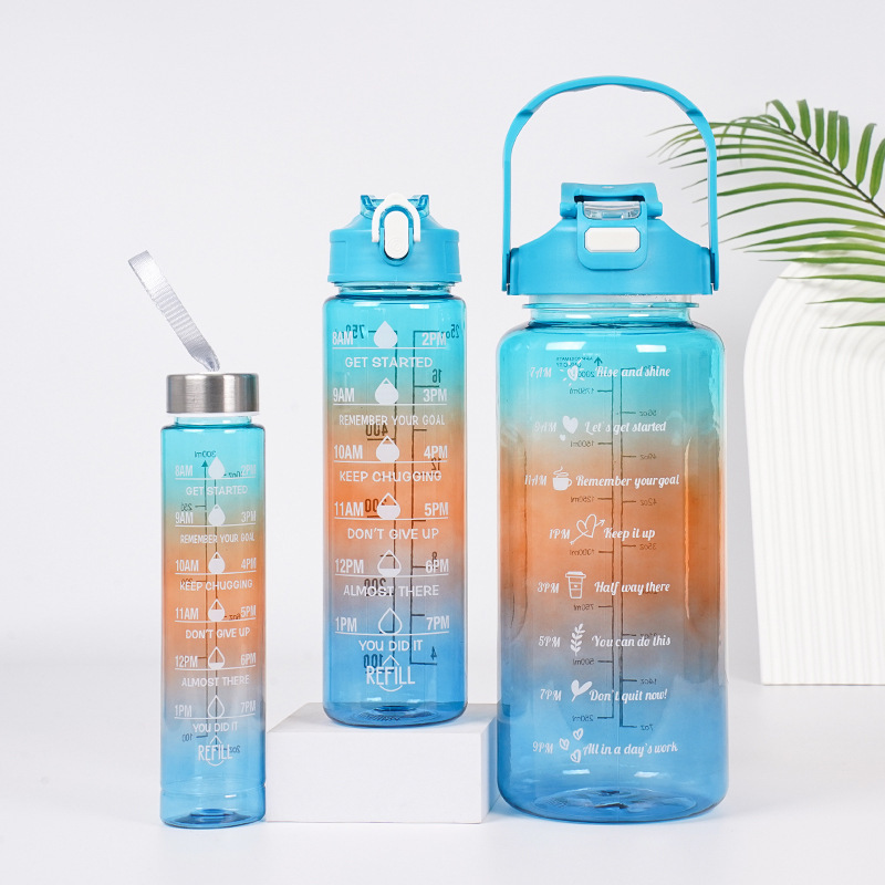 3-in-1 Gradient Color Motivational Water Bottles Set Plastic Straw Double Drink Translucent Outdoor Sports Bottle - Image 9