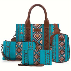 4Pcs Women's Purse Tote, Retro Work Satchel Lightweight, Boho Chic Tote Everyday Green