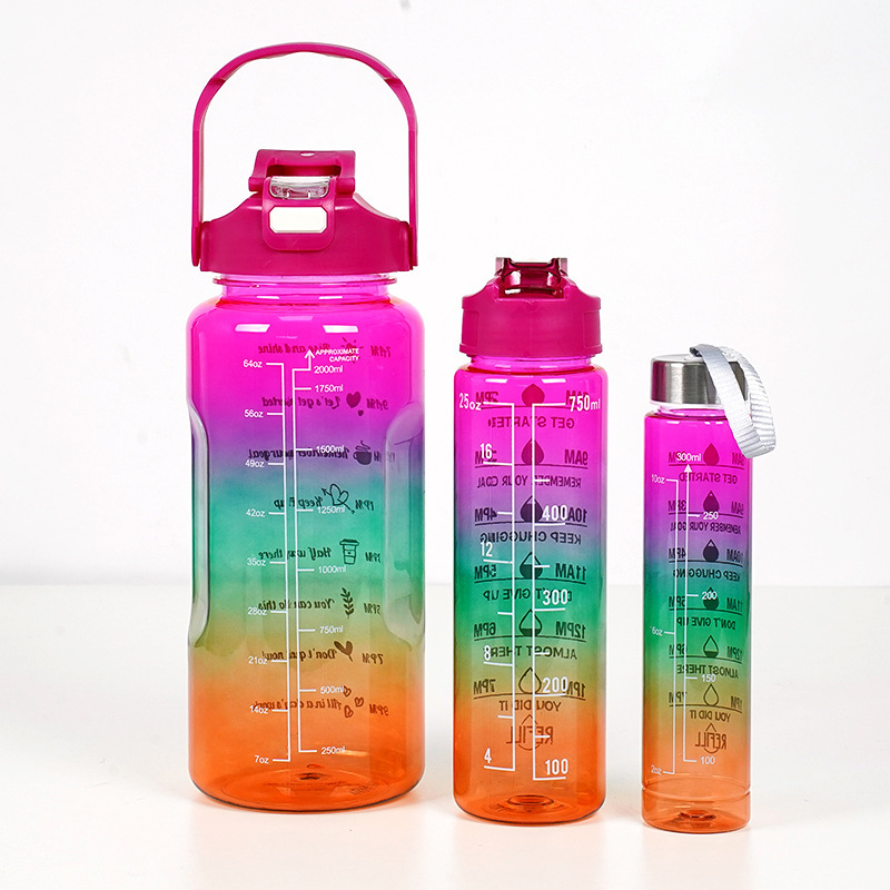 3-in-1 Gradient Color Motivational Water Bottles Set Plastic Straw Double Drink Translucent Outdoor Sports Bottle - Image 8