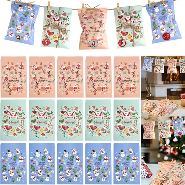24Pcs Christmas Advent Calendar Bags Kit Envelope Shape Gift Bags With 1 To 24 Countdown Number Stickers Santa Claus Snowman Pattern Goodie Candy Treat Bag With Clips And Rope For Xmas Tree Decoration - Image 3