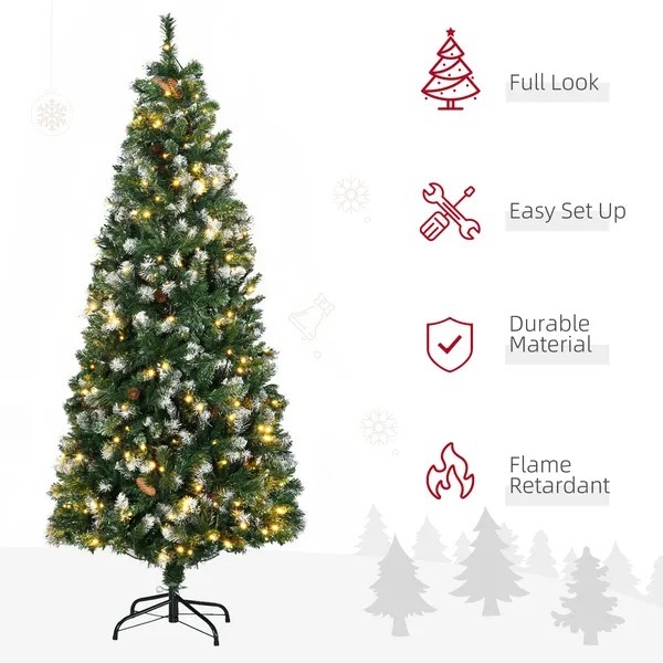 6' Decorated Christmas Trees, Skinny Prelit Artificial Christmas Tree With Snow-dipped Branches, Auto Open, Pinecones - Image 5