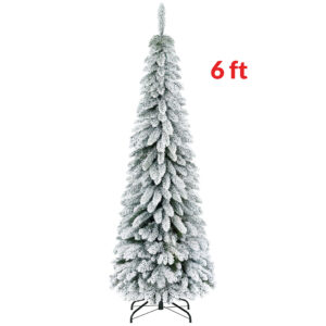 6' Artificial Slim Flocked Christmas Trees, With Snow Frosted Branches, Downswept Shape, Steel Base