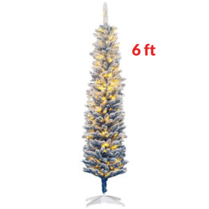 6' Flocked Christmas Trees, Pencil Prelit Artificial Christmas Tree With Snow Branches, Blue