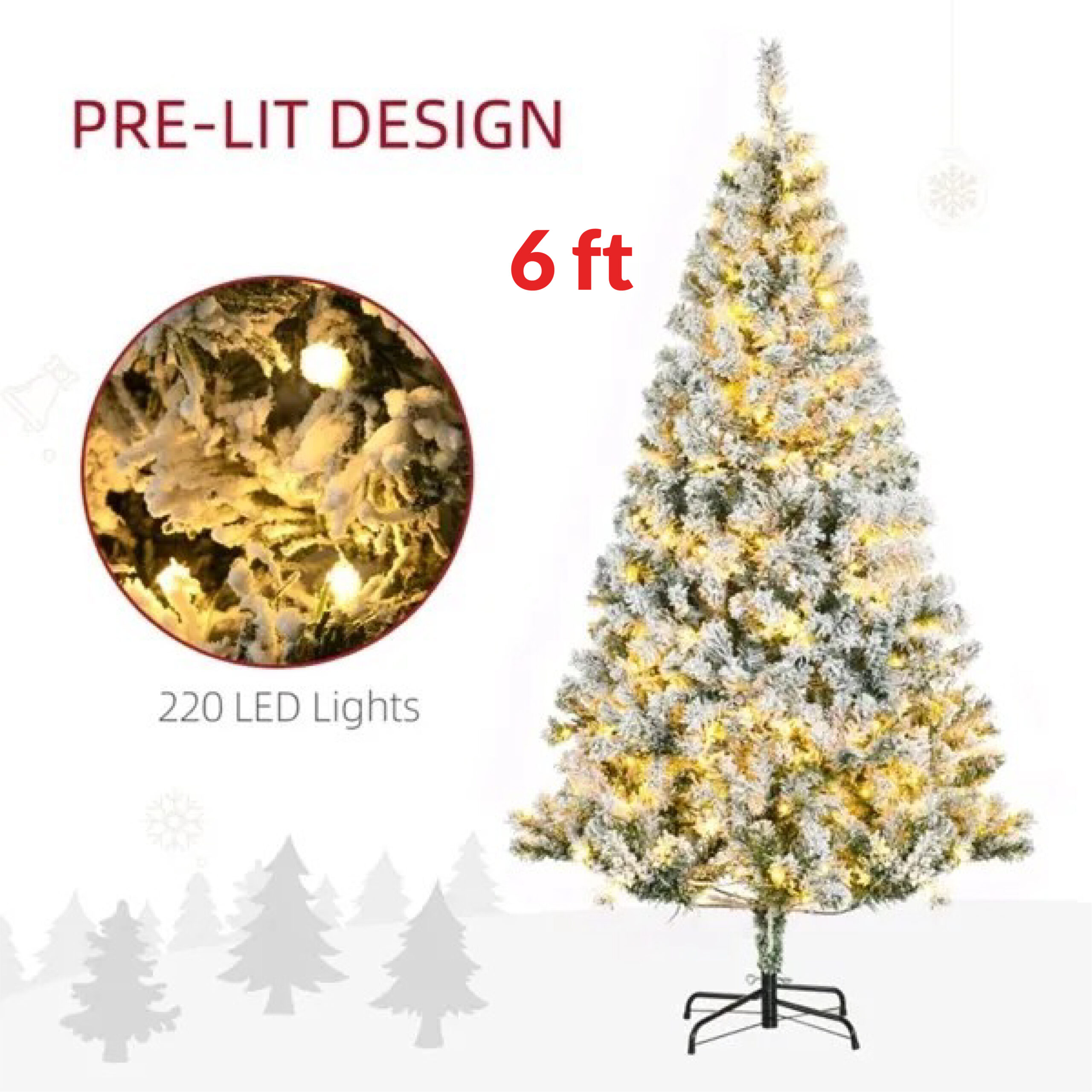 6 ft Christmas Trees, With Snow Frosted Branches, Warm White LED Lights
