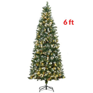 6' Decorated Christmas Trees, Skinny Prelit Artificial Christmas Tree With Snow-dipped Branches, Auto Open, Pinecones