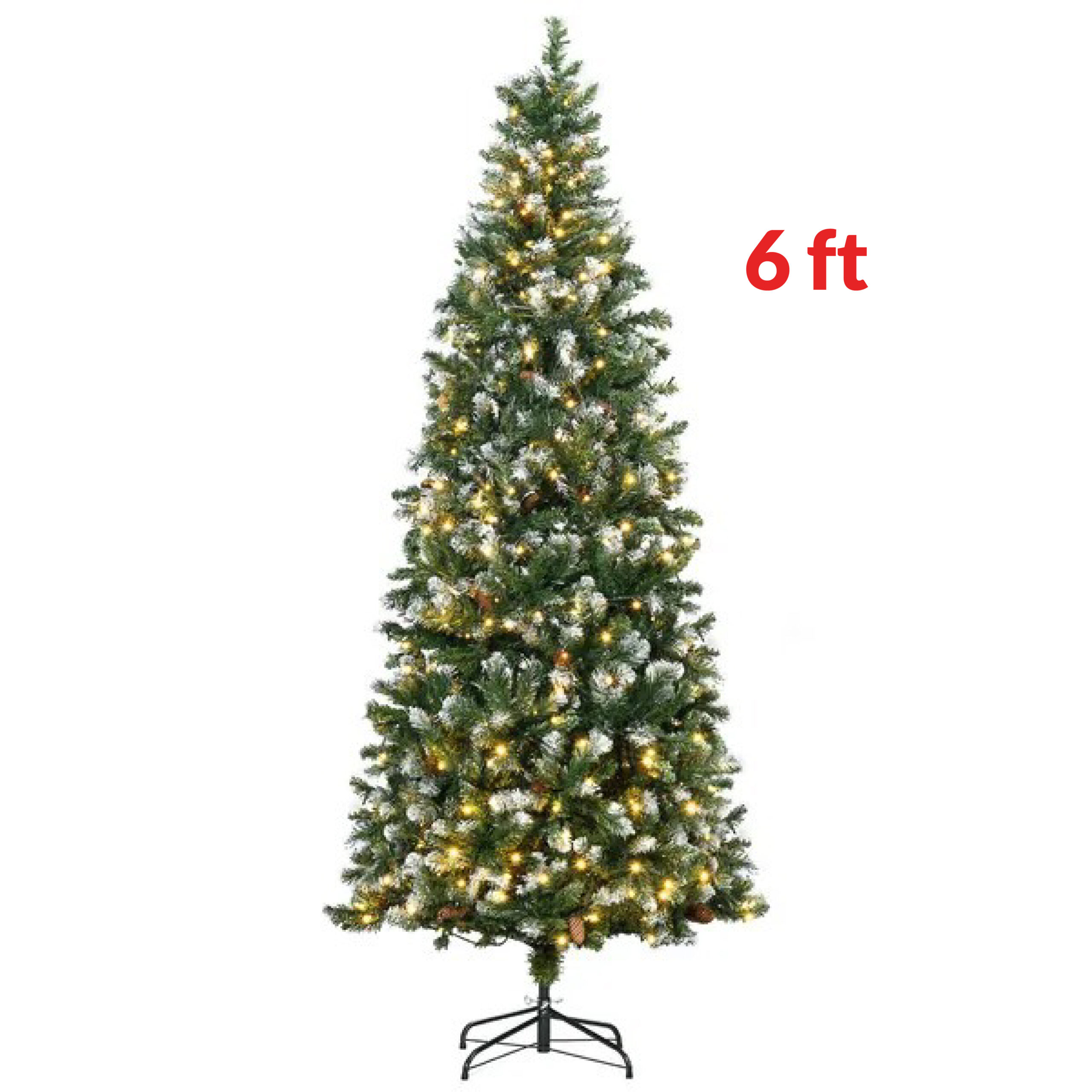 6' Decorated Christmas Trees, Skinny Prelit Artificial Christmas Tree With Snow-dipped Branches, Auto Open, Pinecones